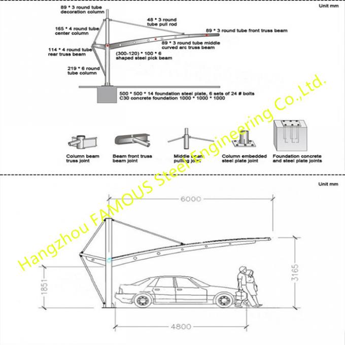 Dach jednospadowy Zewnętrzna konstrukcja membrany stalowej Wspornikowe schronienie parkingowe 0